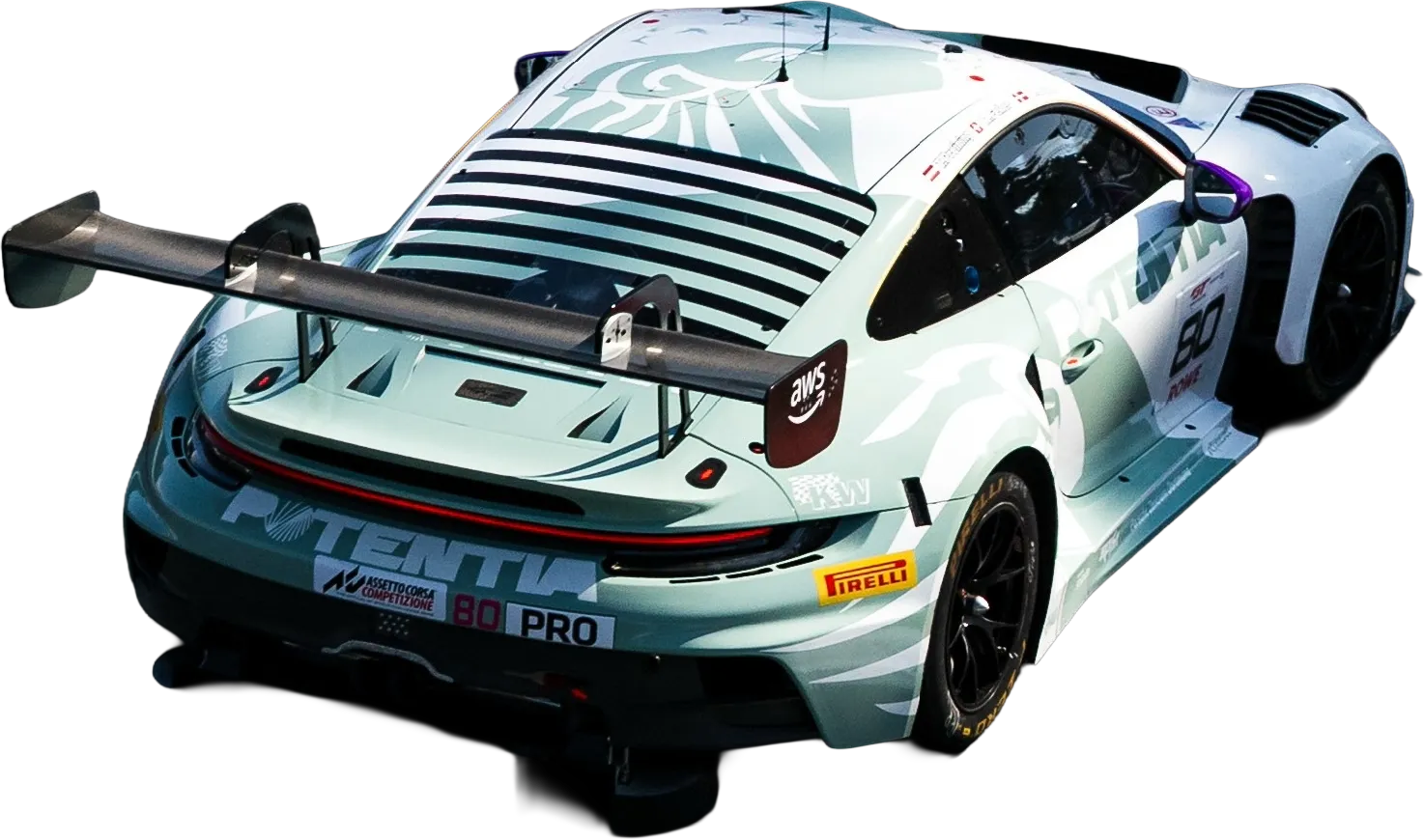 Potentia-liveried Porsche 911 GT3 R, number 80, in Ping Teal